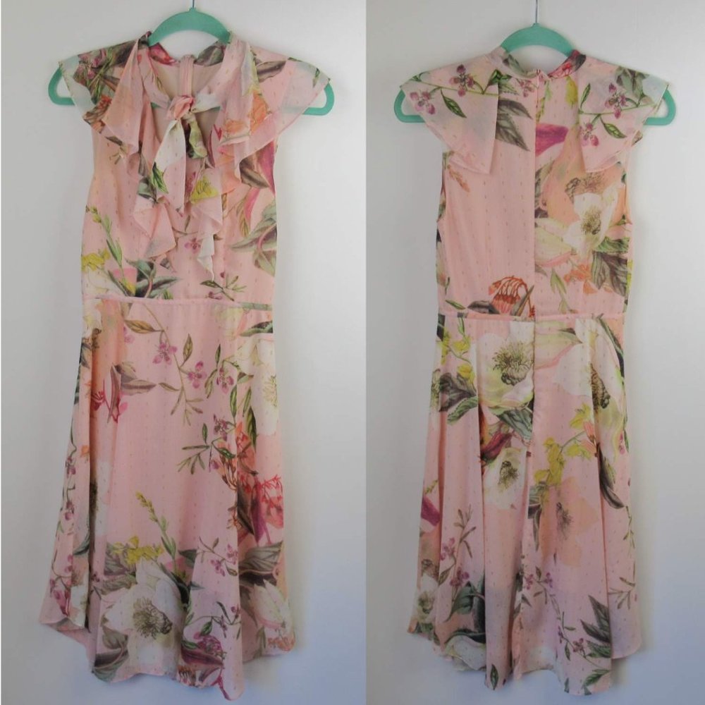 Cooper St Pink Floral Swiss Dot Frill Sleeve Neck Tie Midi Dress sz 4